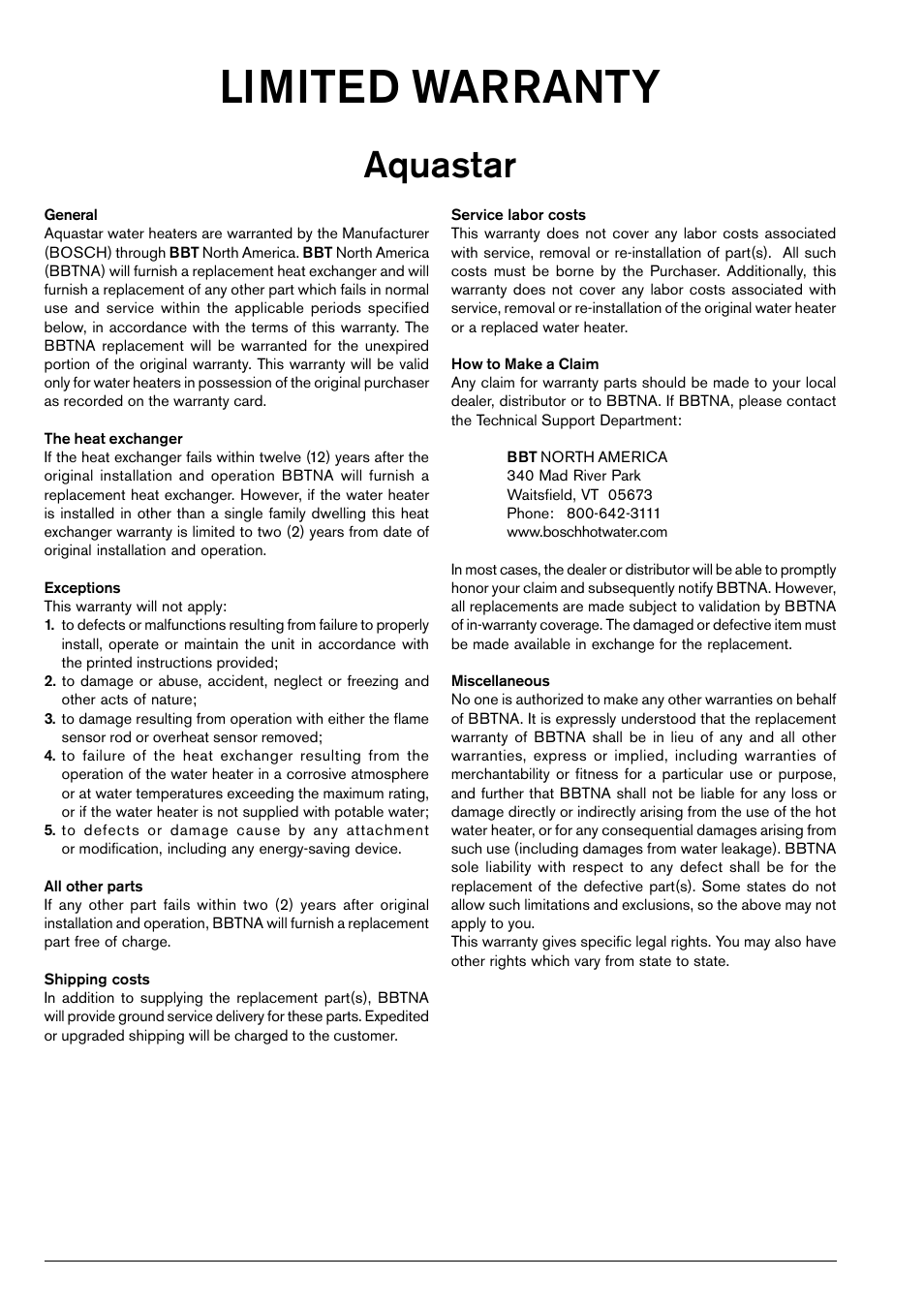 Limited warranty, Aquastar | Bosch 125B LP User Manual | Page 22 / 24