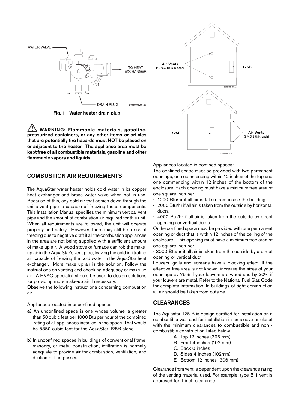 Combustion air requirements, Clearances | Bosch 125B LP User Manual | Page 5 / 24