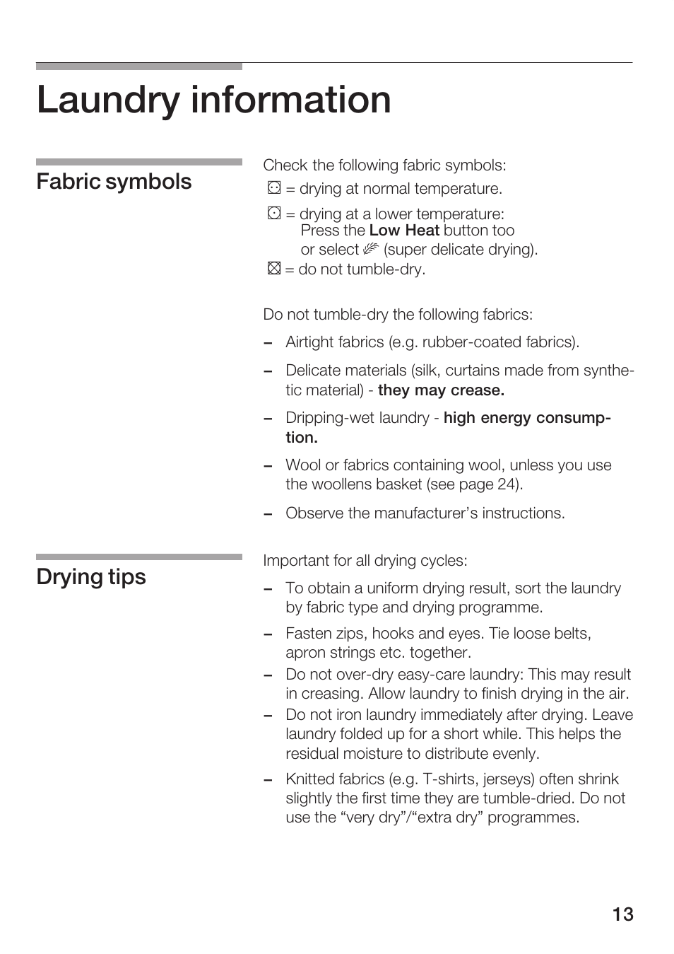 Laundry information, Fabric symbols drying tips | Bosch Maxx WTL 6500 User Manual | Page 13 / 48