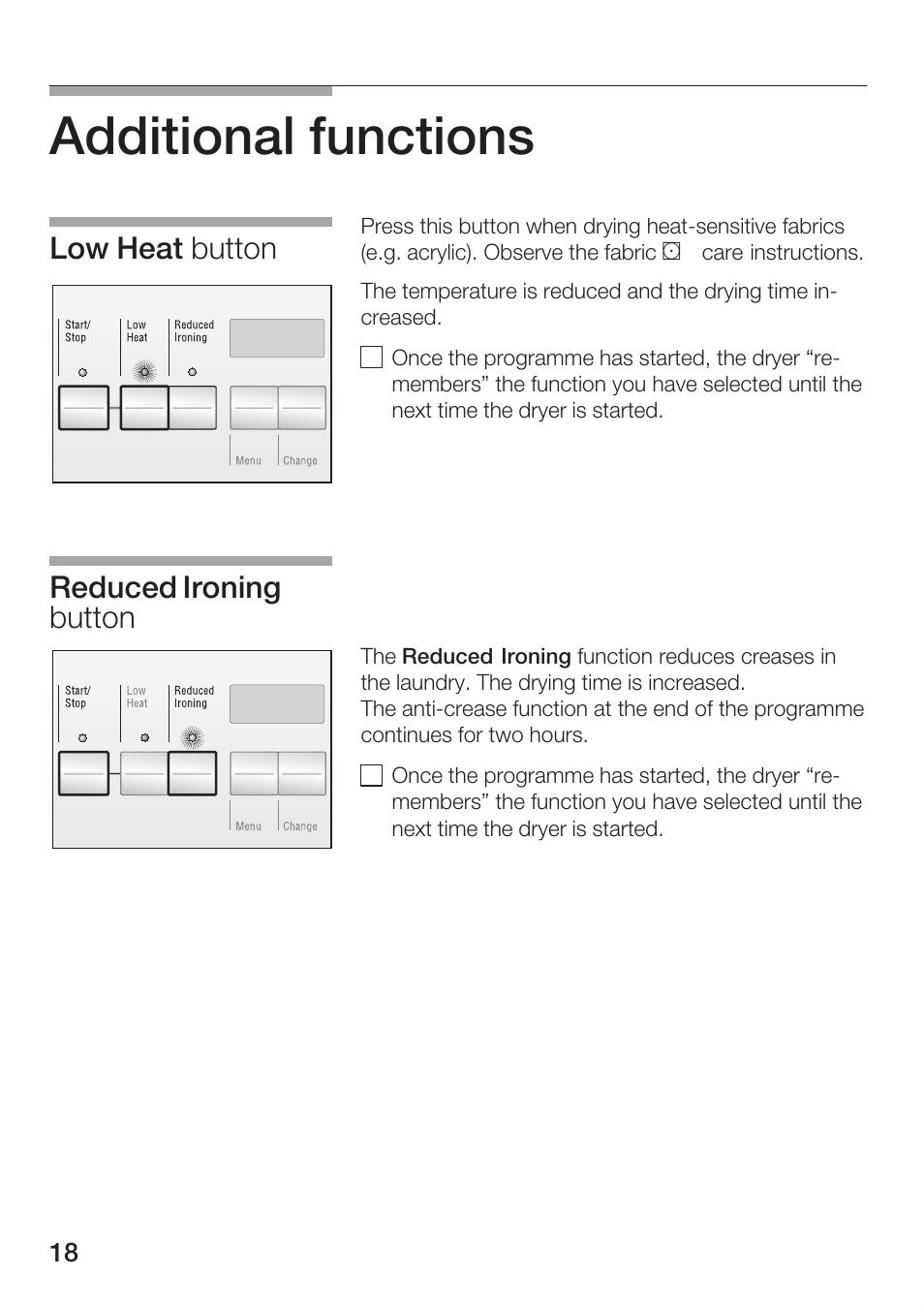 Additional functions, Low heat button reduced ironing button | Bosch Maxx WTL 6500 User Manual | Page 18 / 48