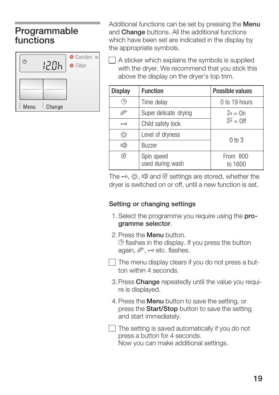 Programmable functions | Bosch Maxx WTL 6500 User Manual | Page 19 / 48