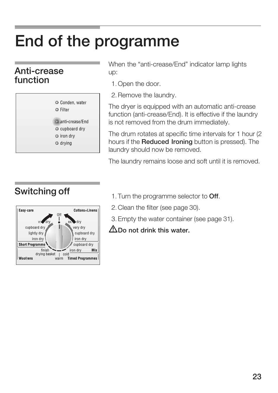 End of the programme, Antićcrease function switching off | Bosch Maxx WTL 6500 User Manual | Page 23 / 48