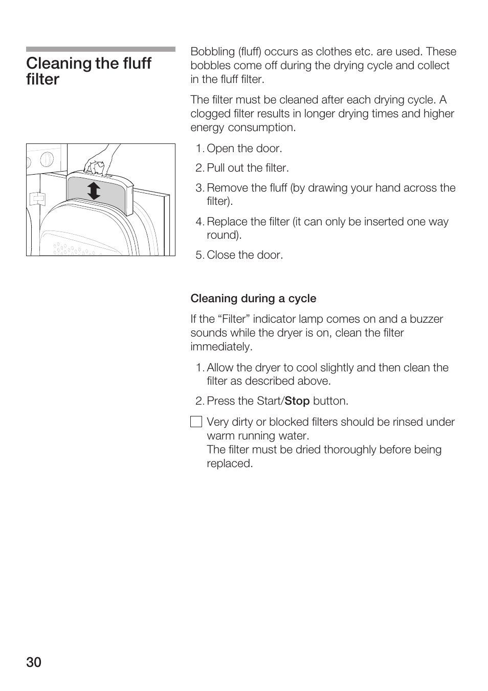 Cleaning the fluff filter | Bosch Maxx WTL 6500 User Manual | Page 30 / 48