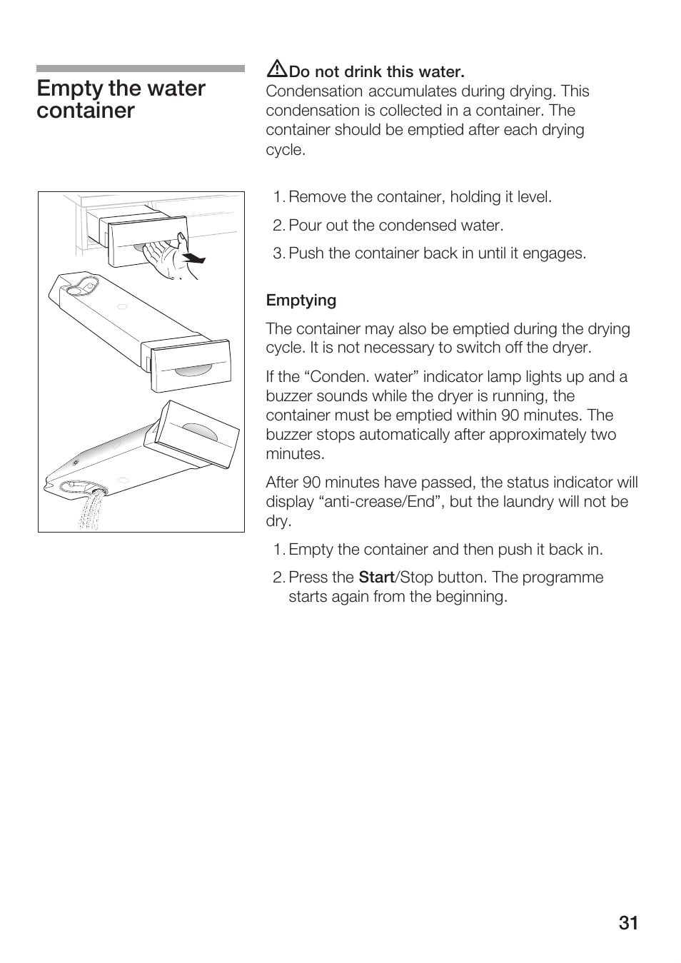 Empty the water container | Bosch Maxx WTL 6500 User Manual | Page 31 / 48