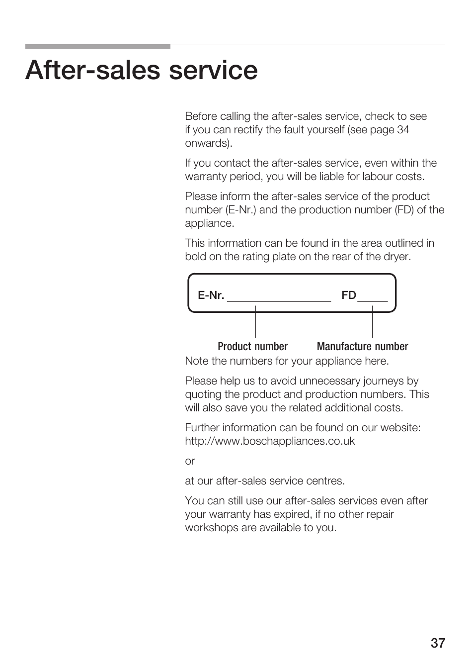 Afterćsales service | Bosch Maxx WTL 6500 User Manual | Page 37 / 48