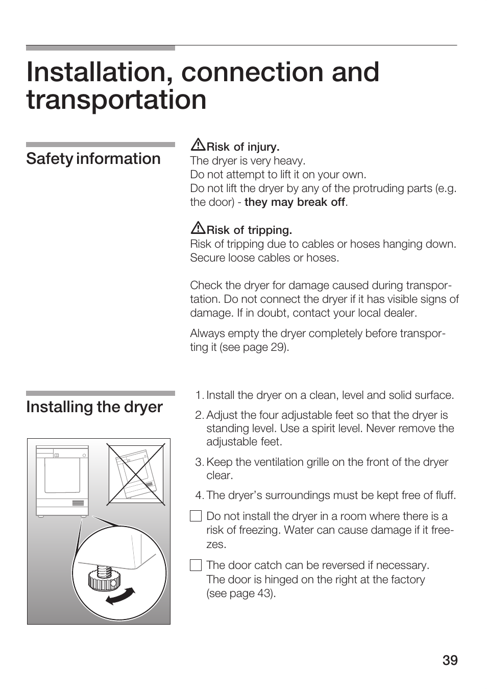 Installation, connection and transportation, Safety information installing the dryer | Bosch Maxx WTL 6500 User Manual | Page 39 / 48