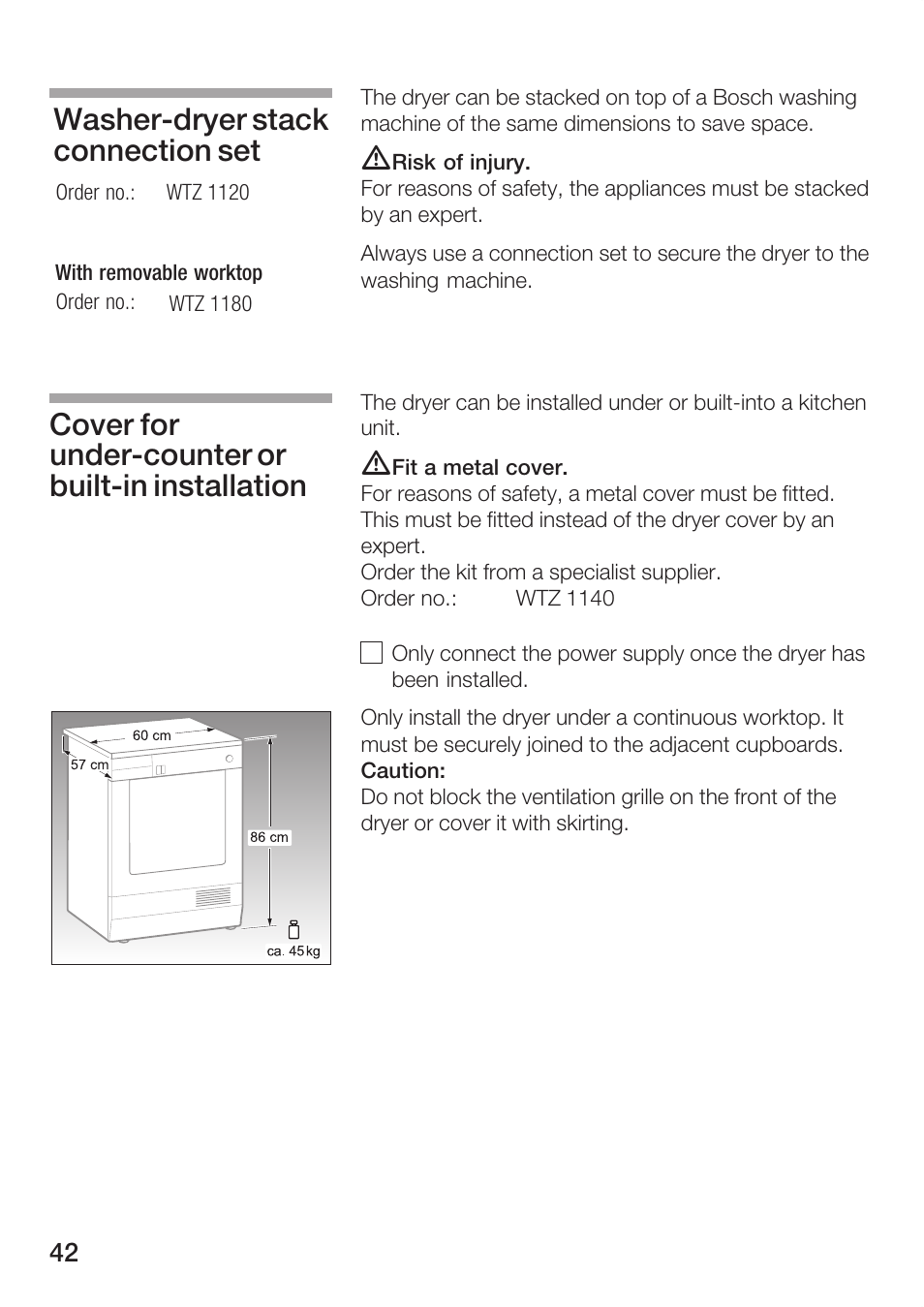 Washerćdryer stack connection set, Cover for underćcounter or builtćin installation | Bosch Maxx WTL 6500 User Manual | Page 42 / 48