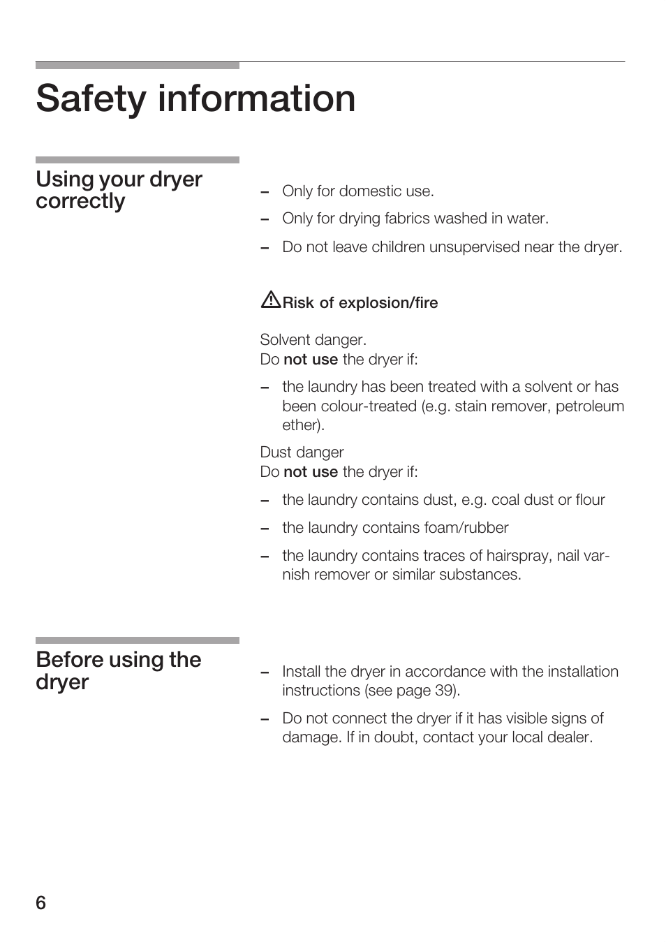 Safety information, Using your dryer correctly before using the dryer | Bosch Maxx WTL 6500 User Manual | Page 6 / 48