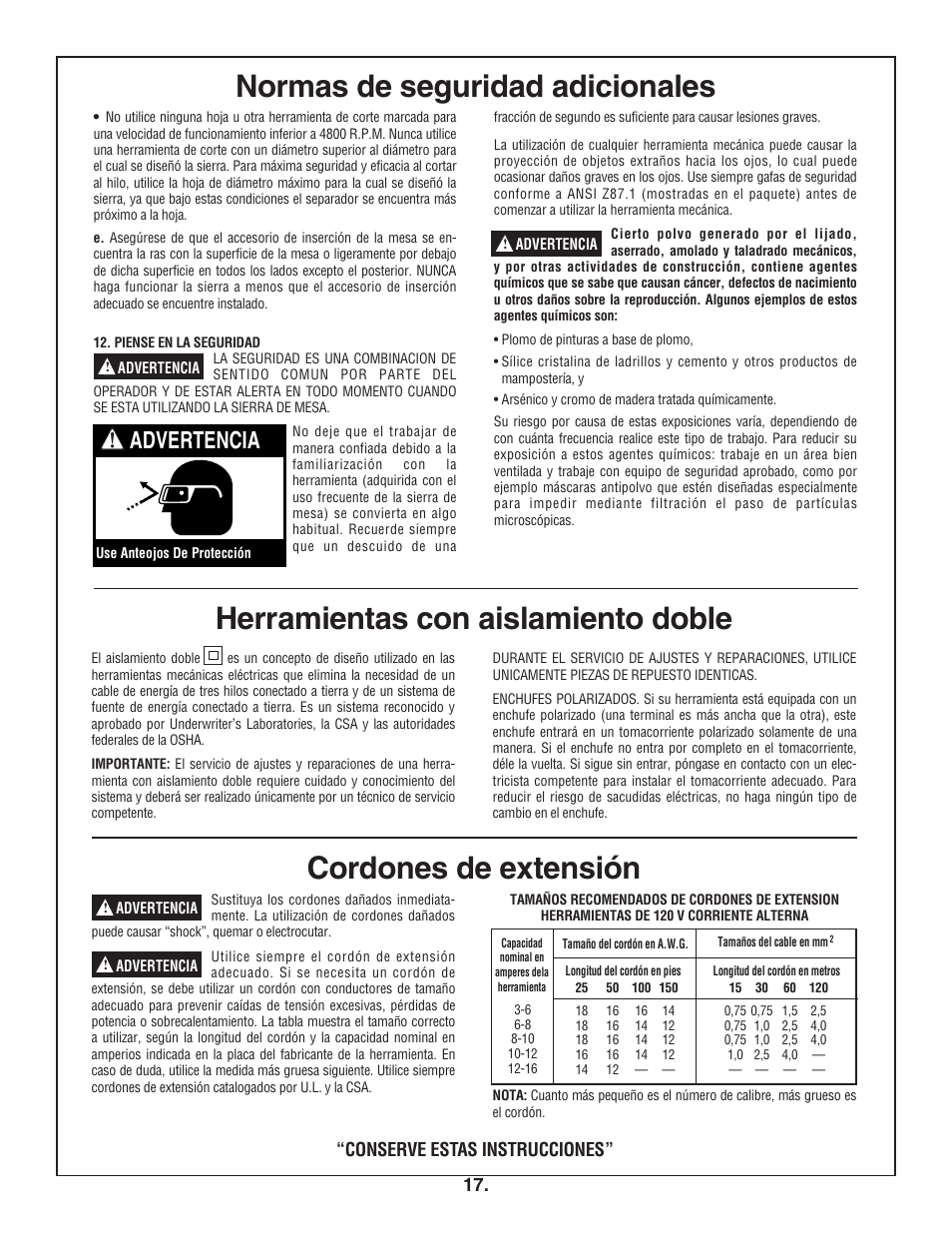 Normas de seguridad adicionales, Advertencia, Conserve estas instrucciones | Bosch 4100DG User Manual | Page 17 / 92