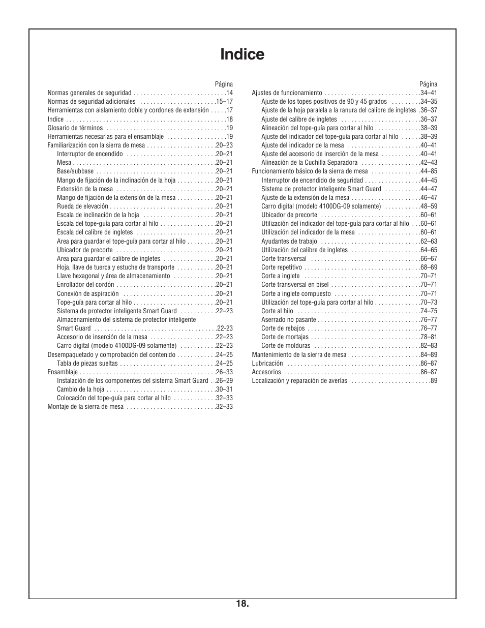 Indice | Bosch 4100DG User Manual | Page 18 / 92