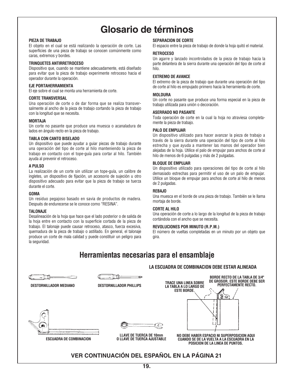 Glosario de términos, Herramientas necesarias para el ensamblaje, Ver continuación del español en la página 21 | Bosch 4100DG User Manual | Page 19 / 92