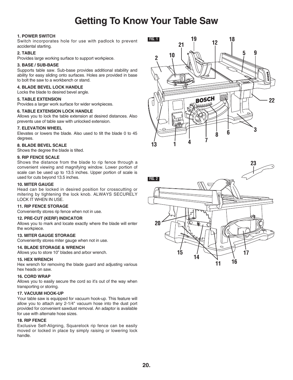 Getting to know your table saw | Bosch 4100DG User Manual | Page 20 / 92