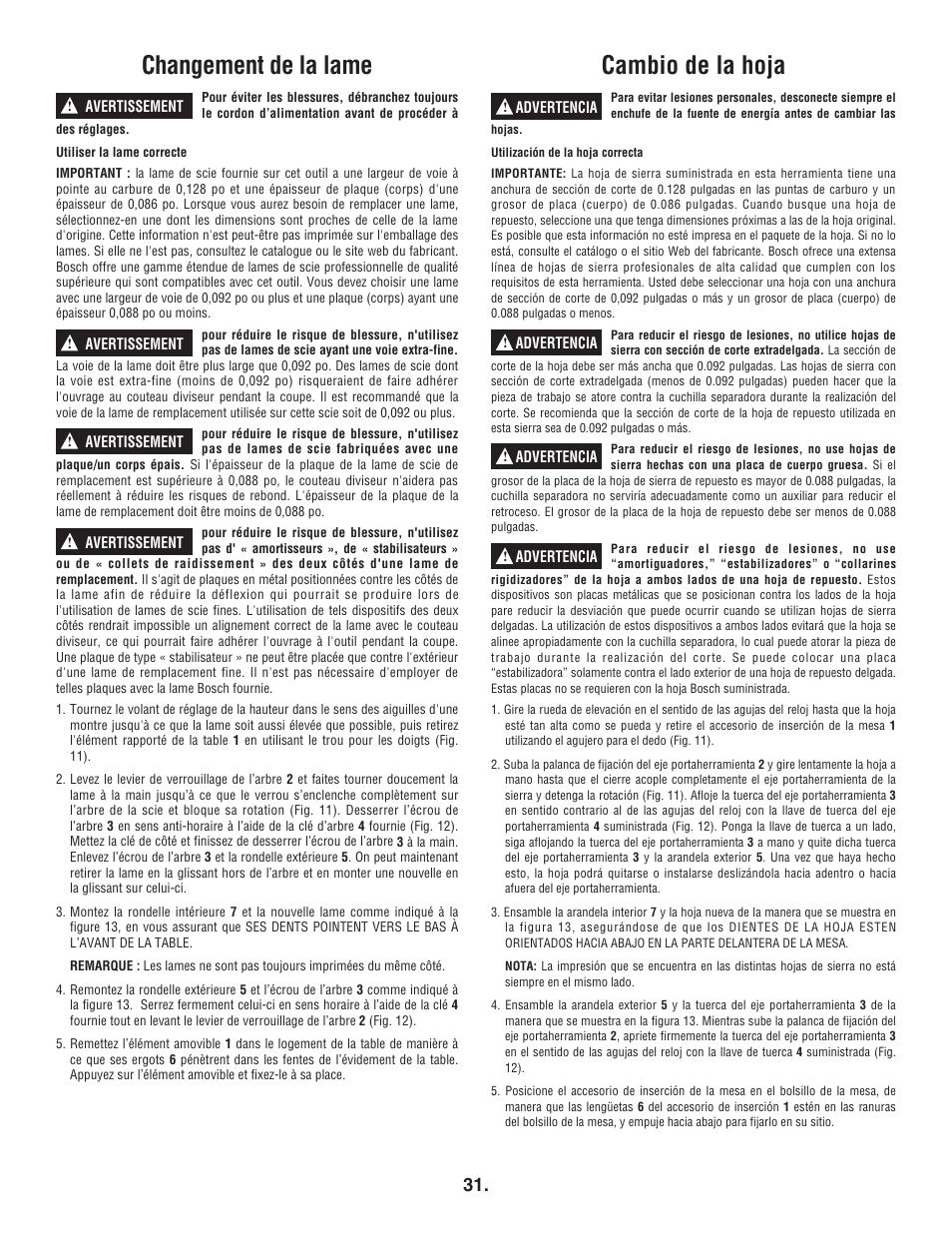 Changement de la lame, Cambio de la hoja | Bosch 4100DG User Manual | Page 31 / 92