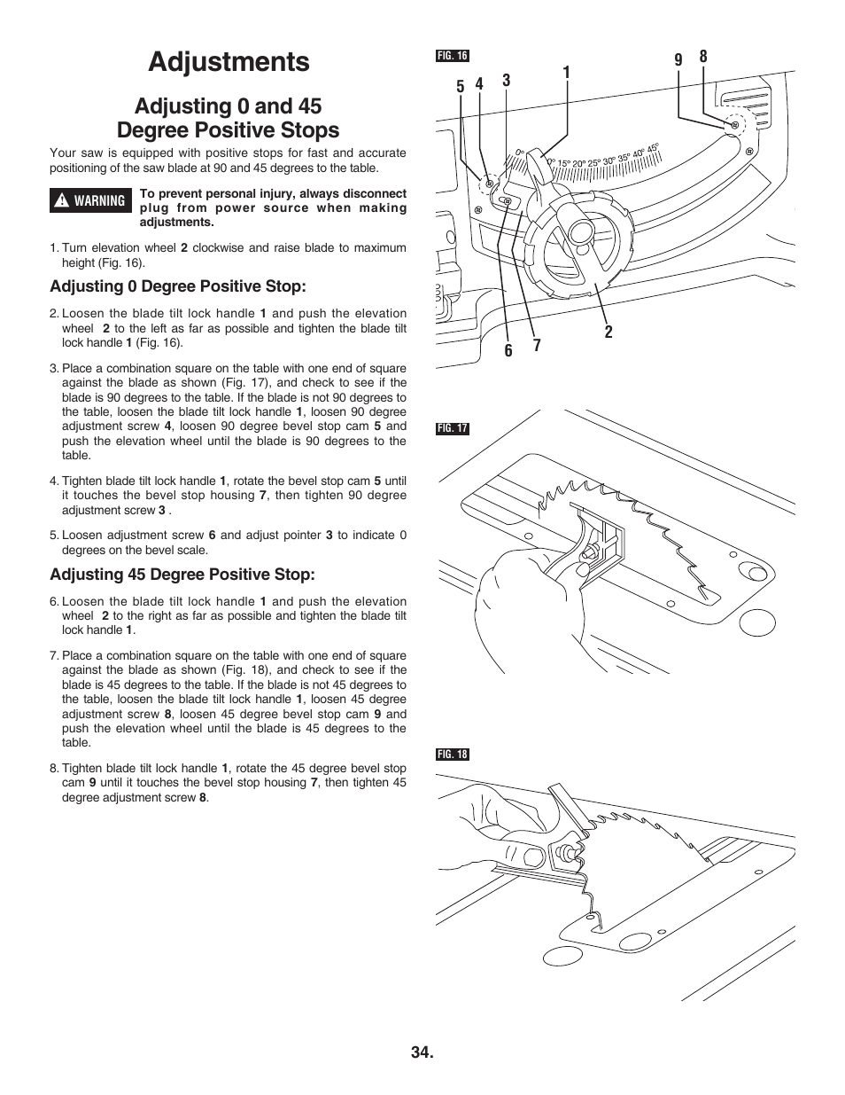 Adjustments, Adjusting 0 and 45 degree positive stops | Bosch 4100DG User Manual | Page 34 / 92