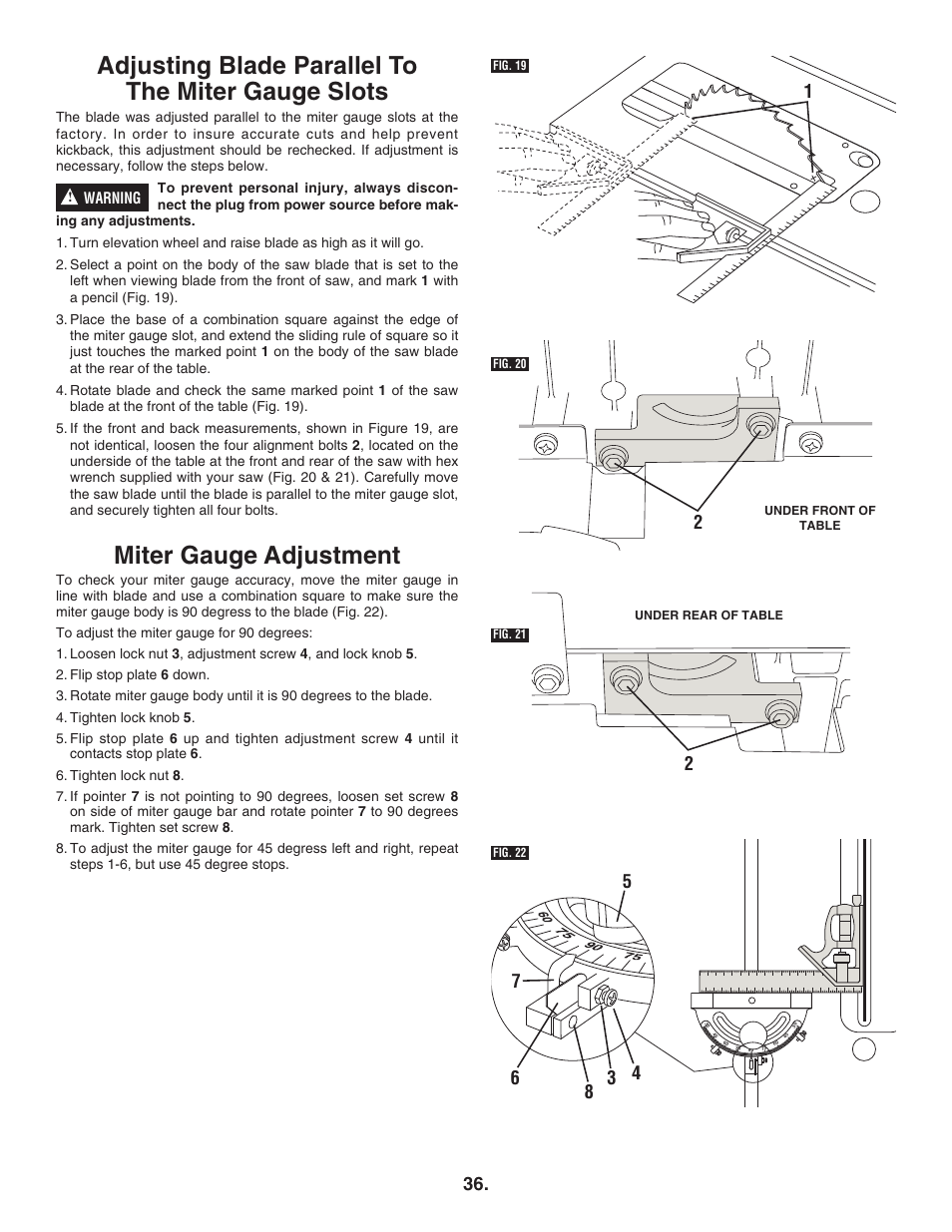 Adjusting blade parallel to the miter gauge slots, Miter gauge adjustment | Bosch 4100DG User Manual | Page 36 / 92