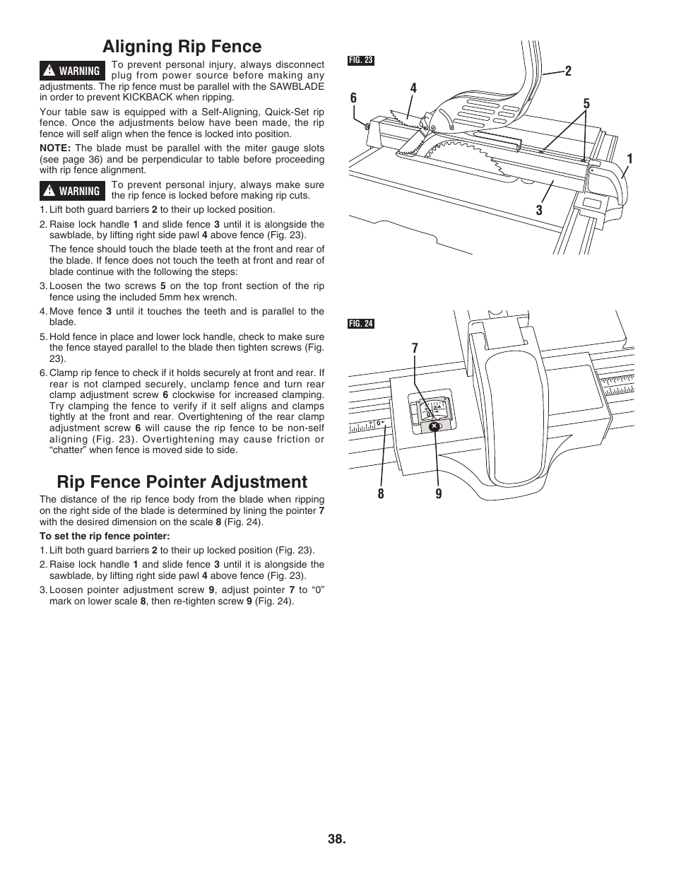 Aligning rip fence, Rip fence pointer adjustment | Bosch 4100DG User Manual | Page 38 / 92