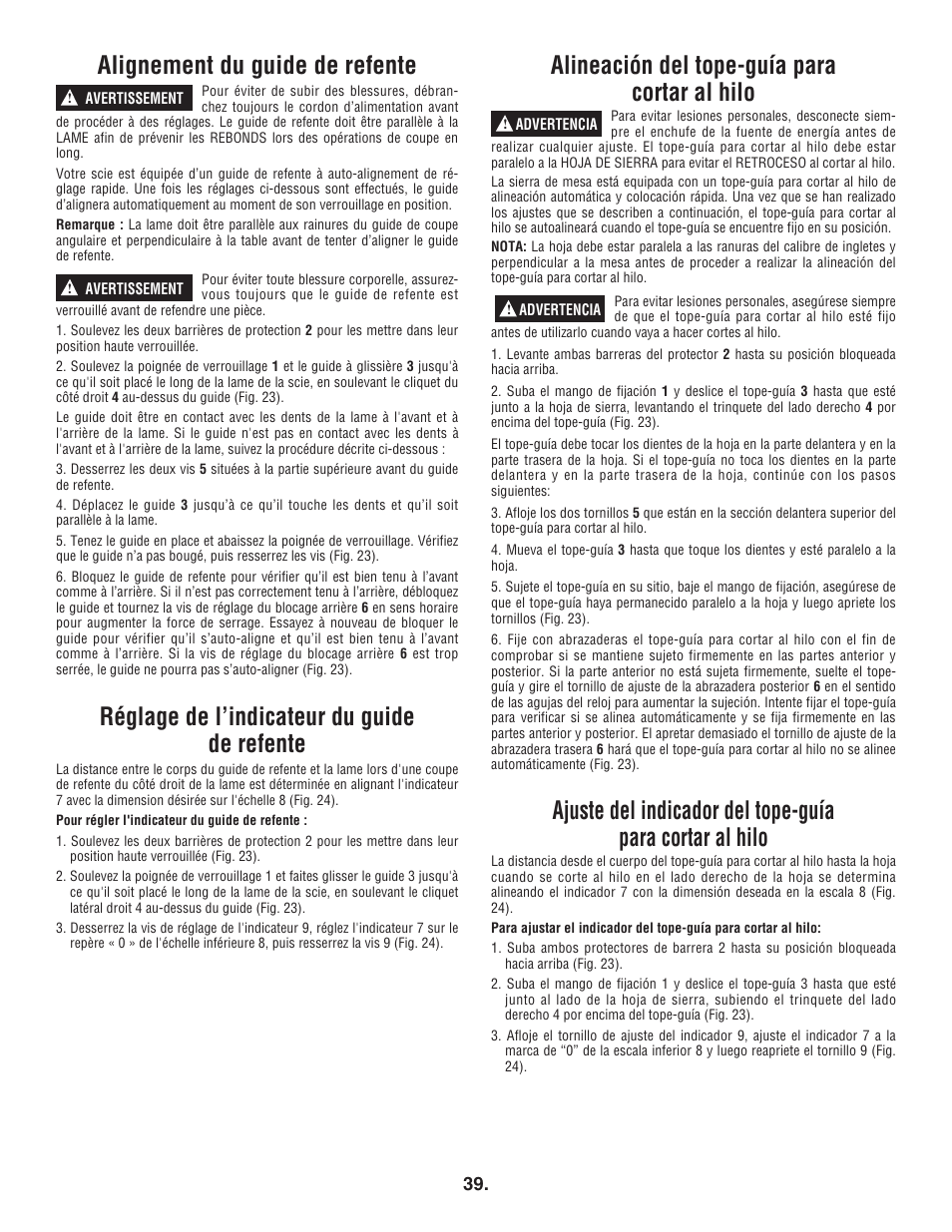 Alignement du guide de refente, Réglage de l’indicateur du guide de refente, Alineación del tope-guía para cortar al hilo | Bosch 4100DG User Manual | Page 39 / 92