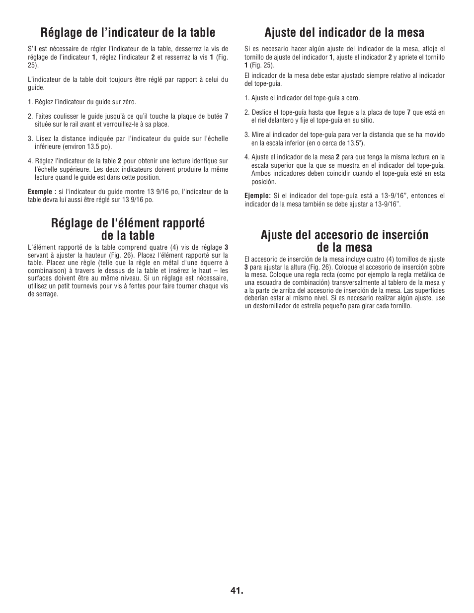 Réglage de l’indicateur de la table, Réglage de l'élément rapporté de la table, Ajuste del indicador de la mesa | Ajuste del accesorio de inserción de la mesa | Bosch 4100DG User Manual | Page 41 / 92