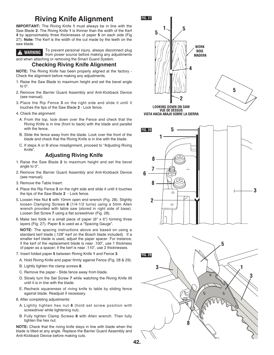 Riving knife alignment, Checking riving knife alignment, Adjusting riving knife | Bosch 4100DG User Manual | Page 42 / 92