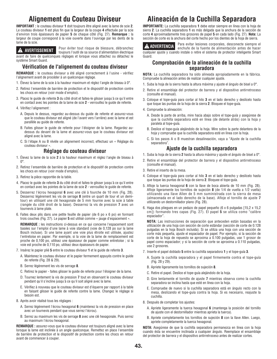 Alignement du couteau diviseur, Alineación de la cuchilla separadora, Vérification de l'alignement du couteau diviseur | Réglage du couteau diviseur, Ajuste de la cuchilla separadora | Bosch 4100DG User Manual | Page 43 / 92