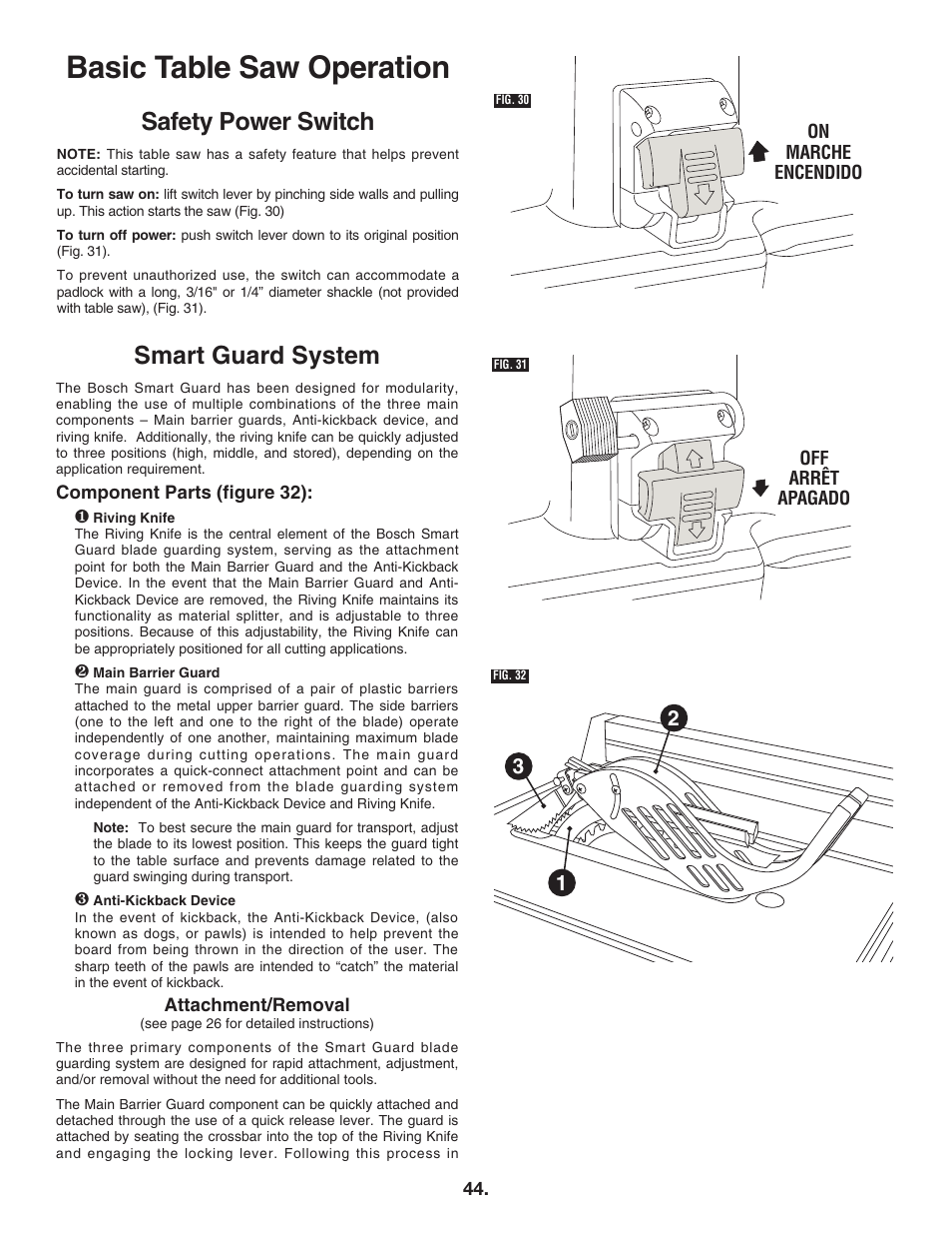 Basic table saw operation, Safety power switch, Smart guard system | Bosch 4100DG User Manual | Page 44 / 92