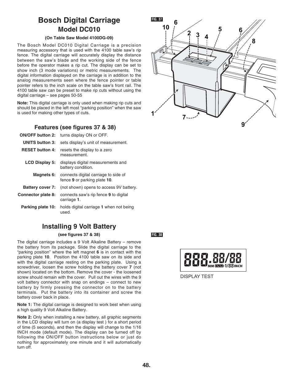 Bosch digital carriage, Model dc010, Installing 9 volt battery | Bosch 4100DG User Manual | Page 48 / 92