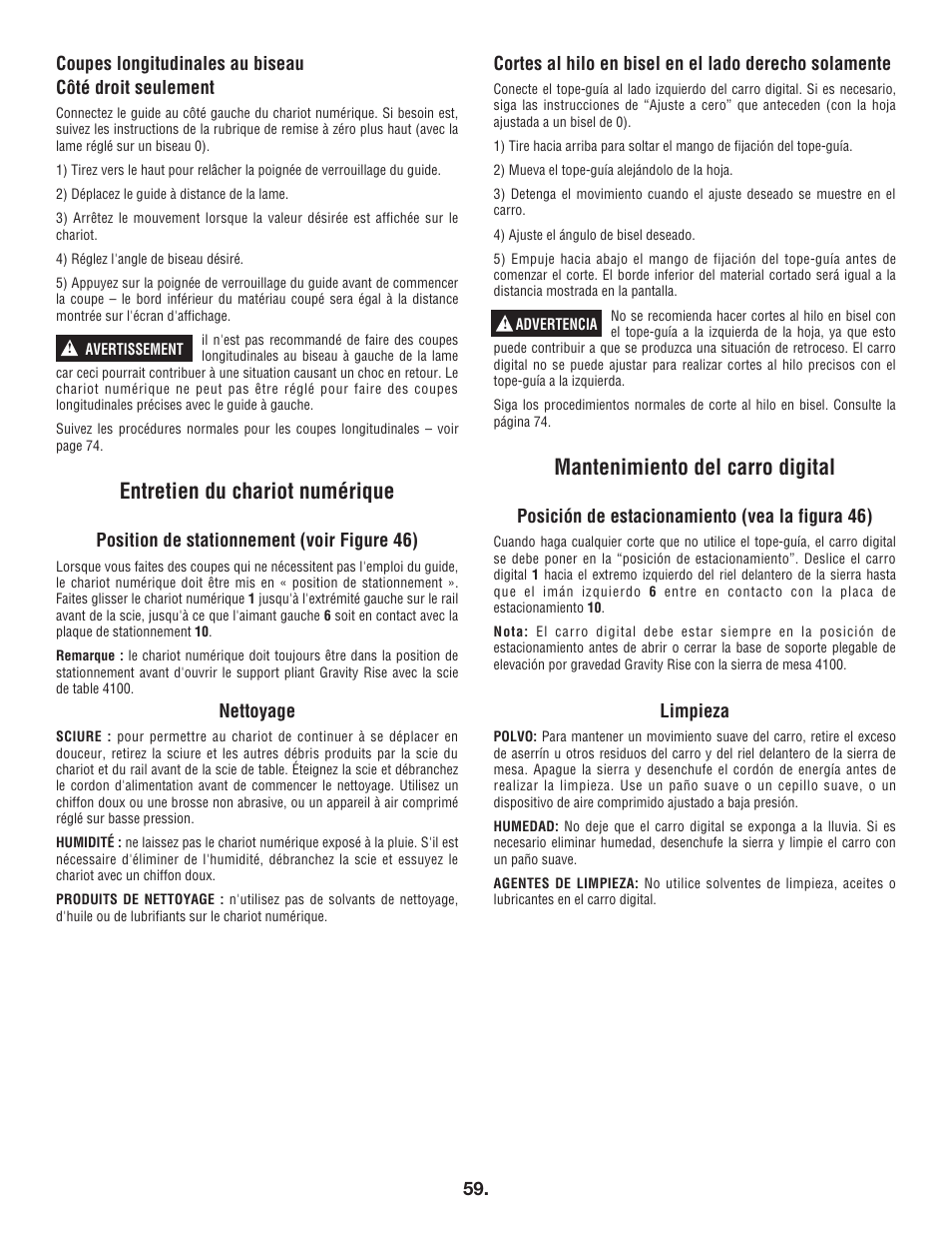 Entretien du chariot numérique, Mantenimiento del carro digital | Bosch 4100DG User Manual | Page 59 / 92