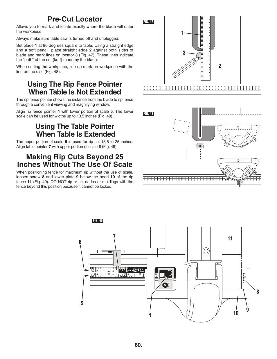 Pre-cut locator, Using the table pointer when table is extended | Bosch 4100DG User Manual | Page 60 / 92