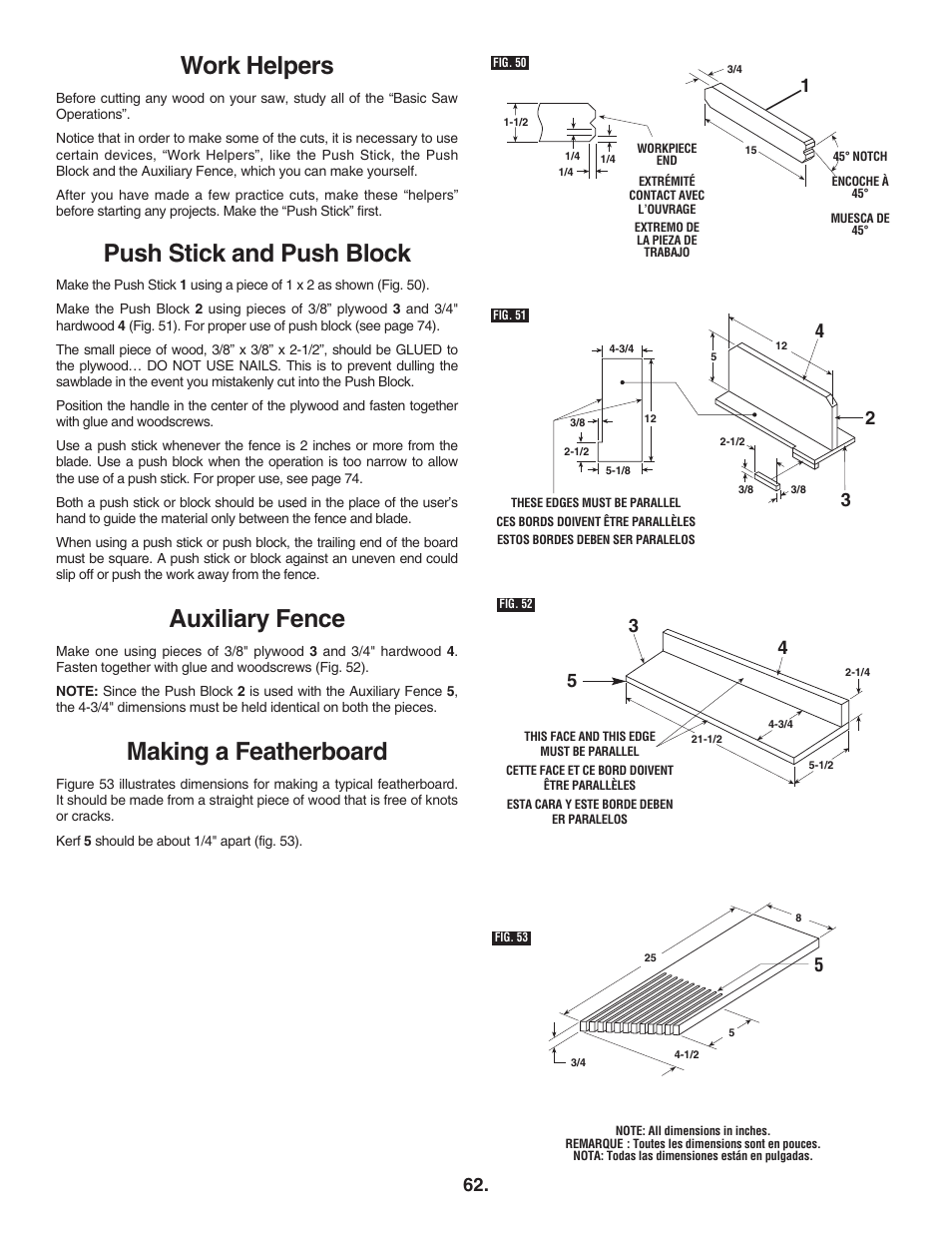 Work helpers, Push stick and push block, Auxiliary fence | Making a featherboard | Bosch 4100DG User Manual | Page 62 / 92