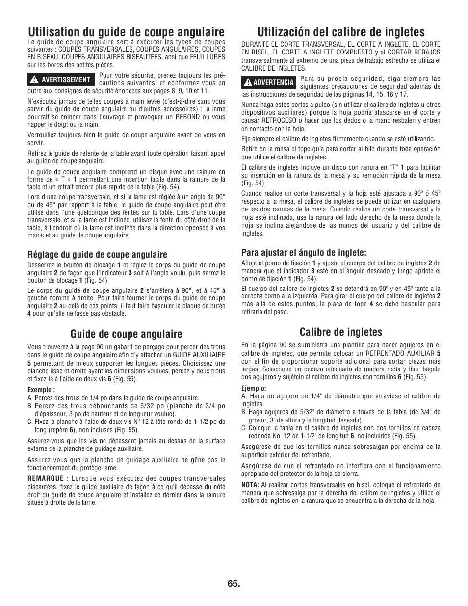 Utilisation du guide de coupe angulaire, Utilización del calibre de ingletes, Guide de coupe angulaire | Calibre de ingletes | Bosch 4100DG User Manual | Page 65 / 92