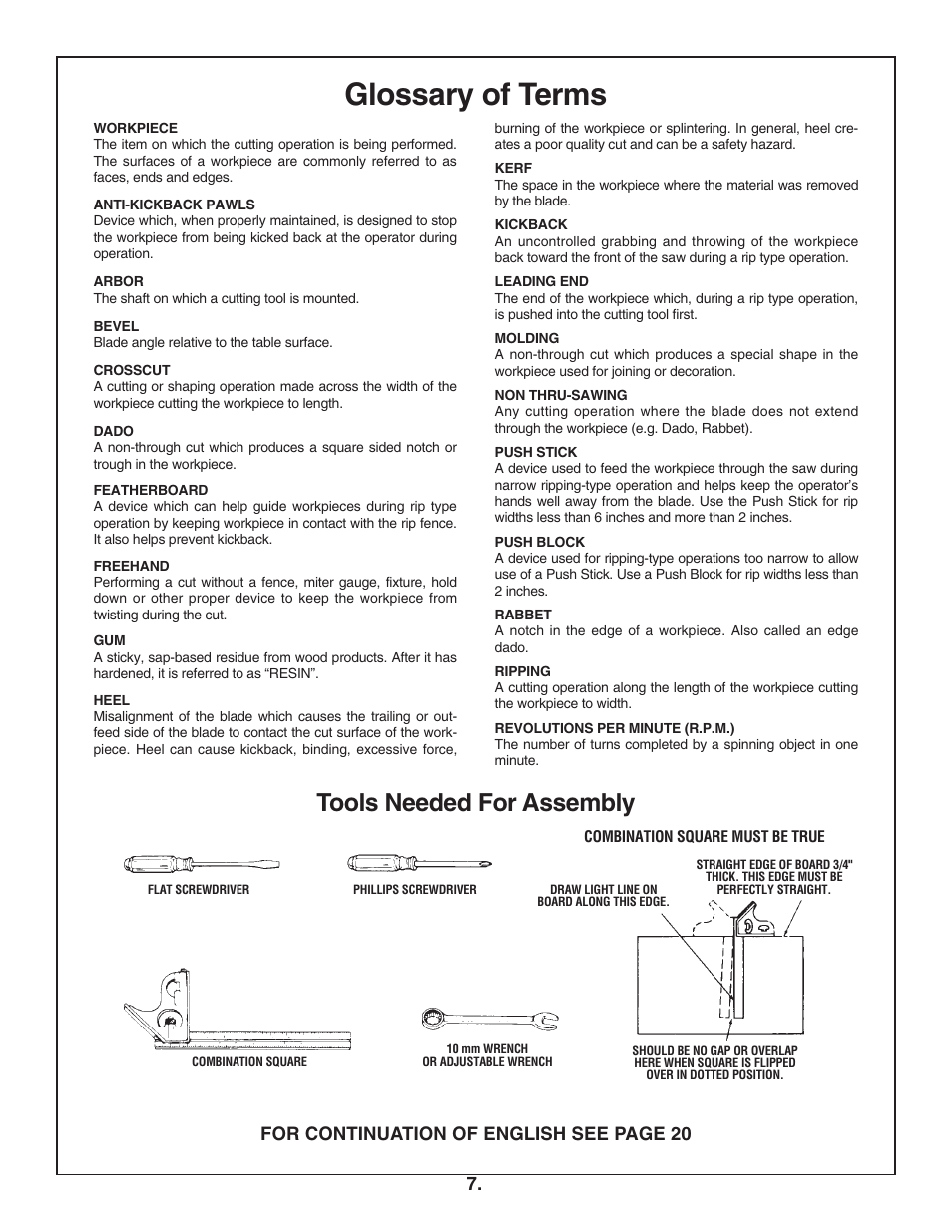 Glossary of terms, Tools needed for assembly, For continuation of english see page 20 | Bosch 4100DG User Manual | Page 7 / 92