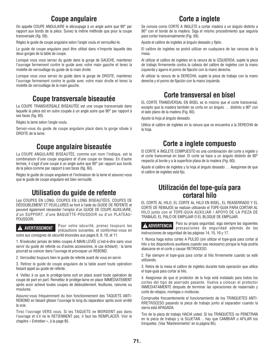 Coupe angulaire, Coupe transversale biseautée, Coupe angulaire biseautée | Utilisation du guide de refente, Corte a inglete, Corte transversal en bisel, Corte a inglete compuesto, Utilización del tope-guía para cortaral hilo | Bosch 4100DG User Manual | Page 71 / 92