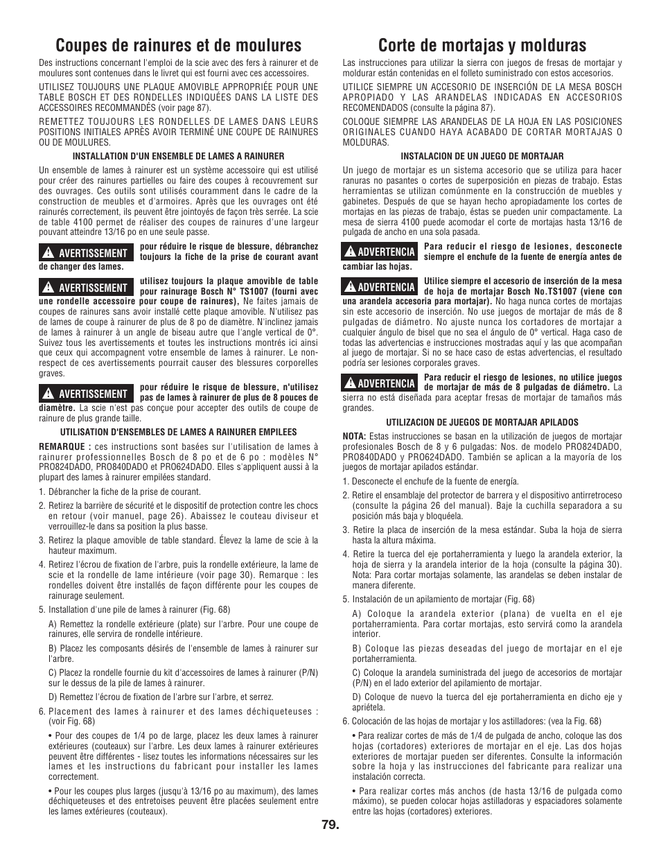 Coupes de rainures et de moulures, Corte de mortajas y molduras | Bosch 4100DG User Manual | Page 79 / 92