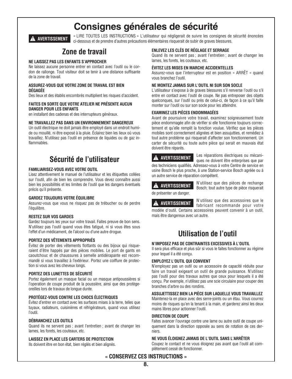 Consignes générales de sécurité, Zone de travail, Sécurité de l’utilisateur | Utilisation de l’outil, Conservez ces instructions | Bosch 4100DG User Manual | Page 8 / 92