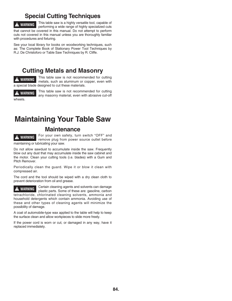 Maintaining your table saw, Special cutting techniques, Cutting metals and masonry | Maintenance | Bosch 4100DG User Manual | Page 84 / 92