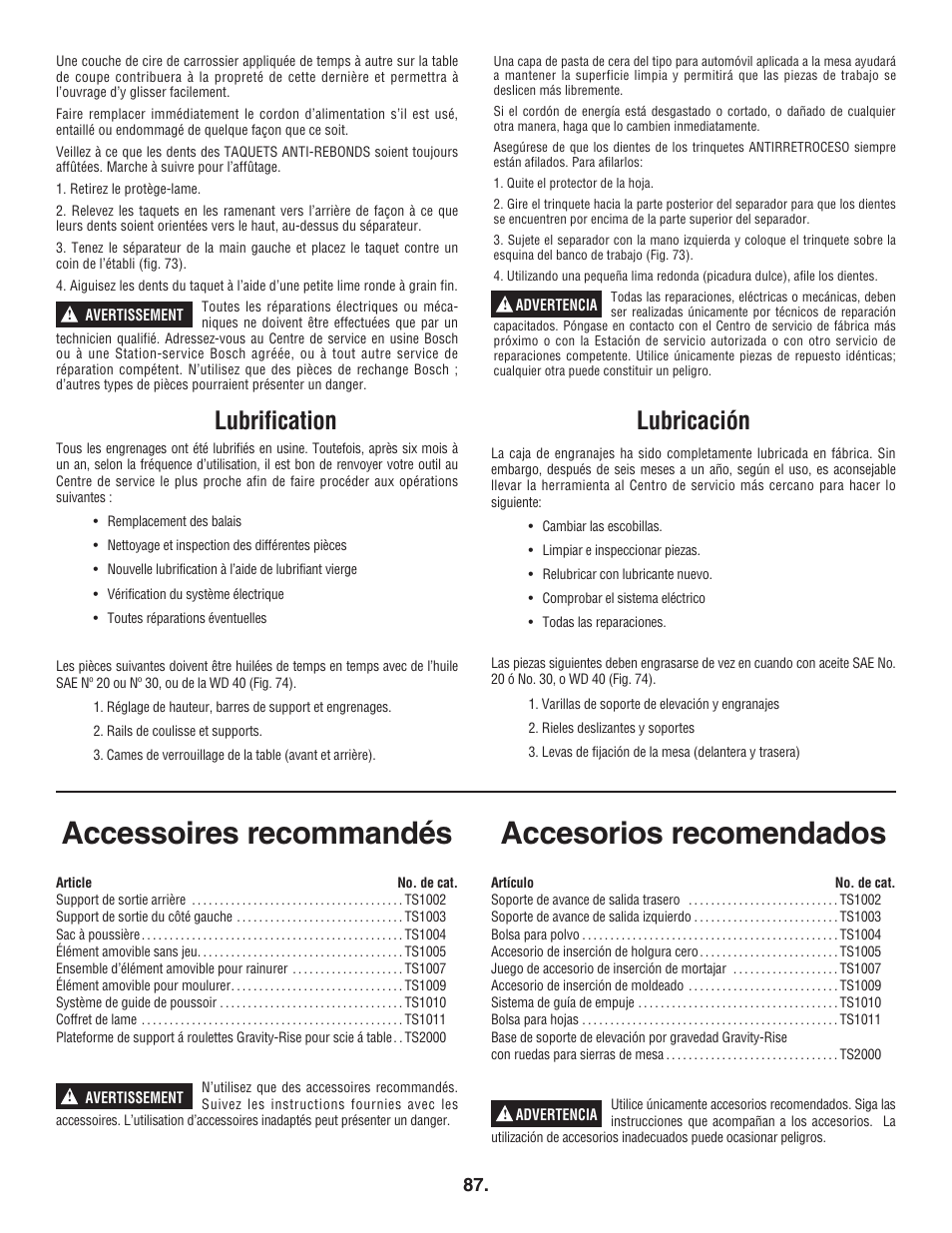 Accesorios recomendados, Accessoires recommandés, Lubricación | Lubrification | Bosch 4100DG User Manual | Page 87 / 92