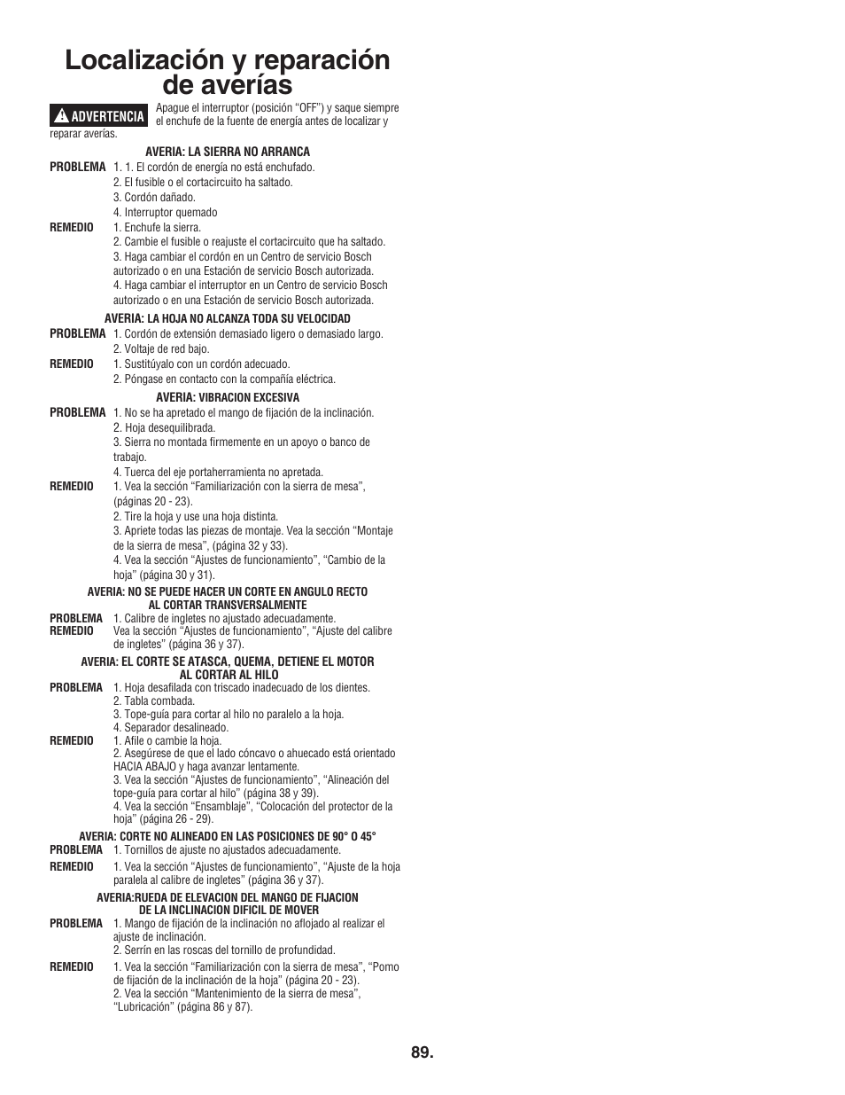 Localización y reparación de averías | Bosch 4100DG User Manual | Page 89 / 92