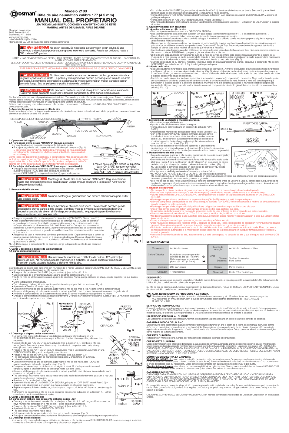 Manual del propietario, Advertencia | Crosman 2100B User Manual | Page 2 / 2