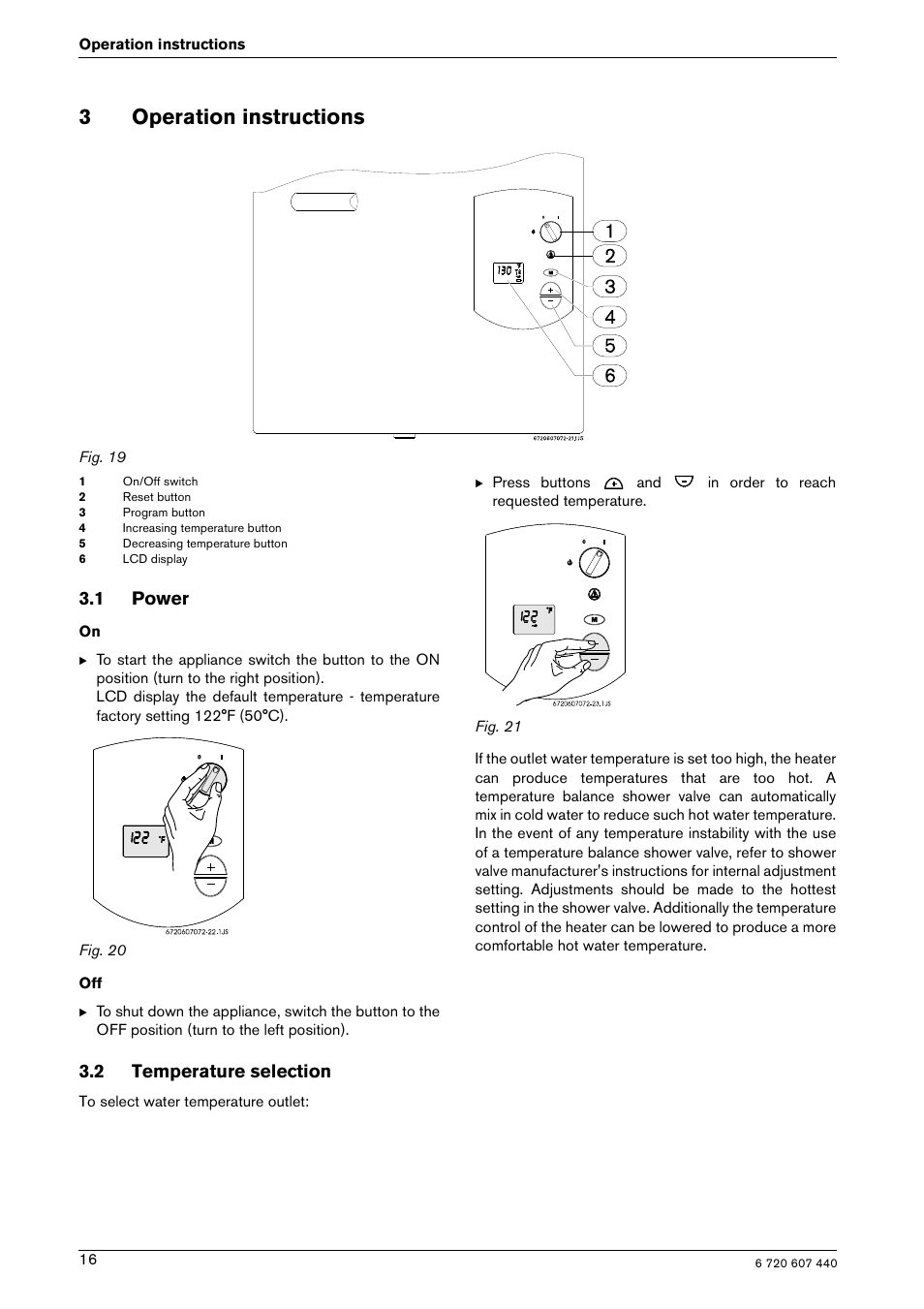 3operation instructions, 1 power, 2 temperature selection | Bosch 250 SXO NG User Manual | Page 16 / 31