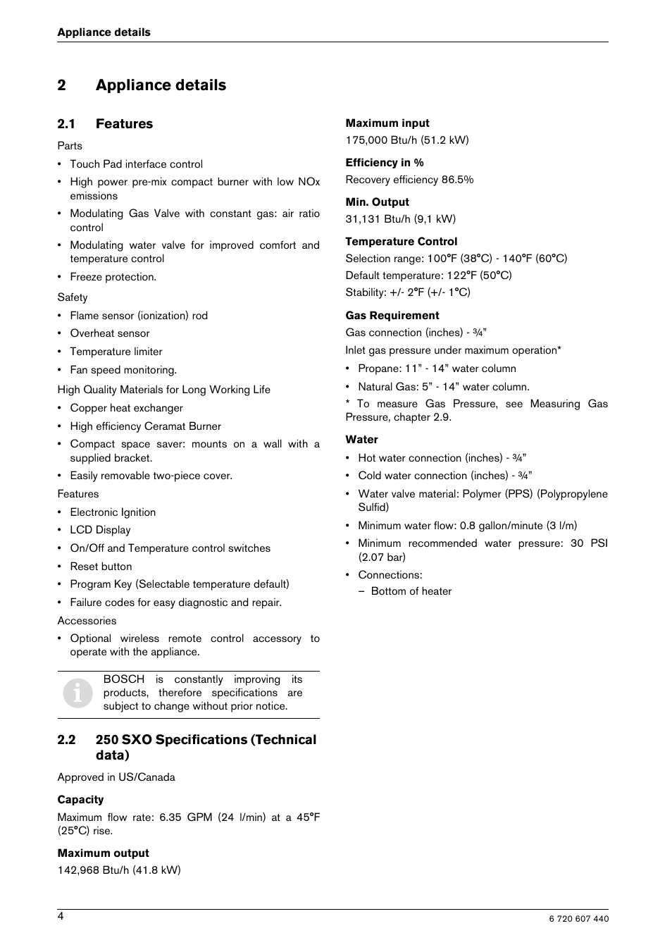 2appliance details | Bosch 250 SXO NG User Manual | Page 4 / 31