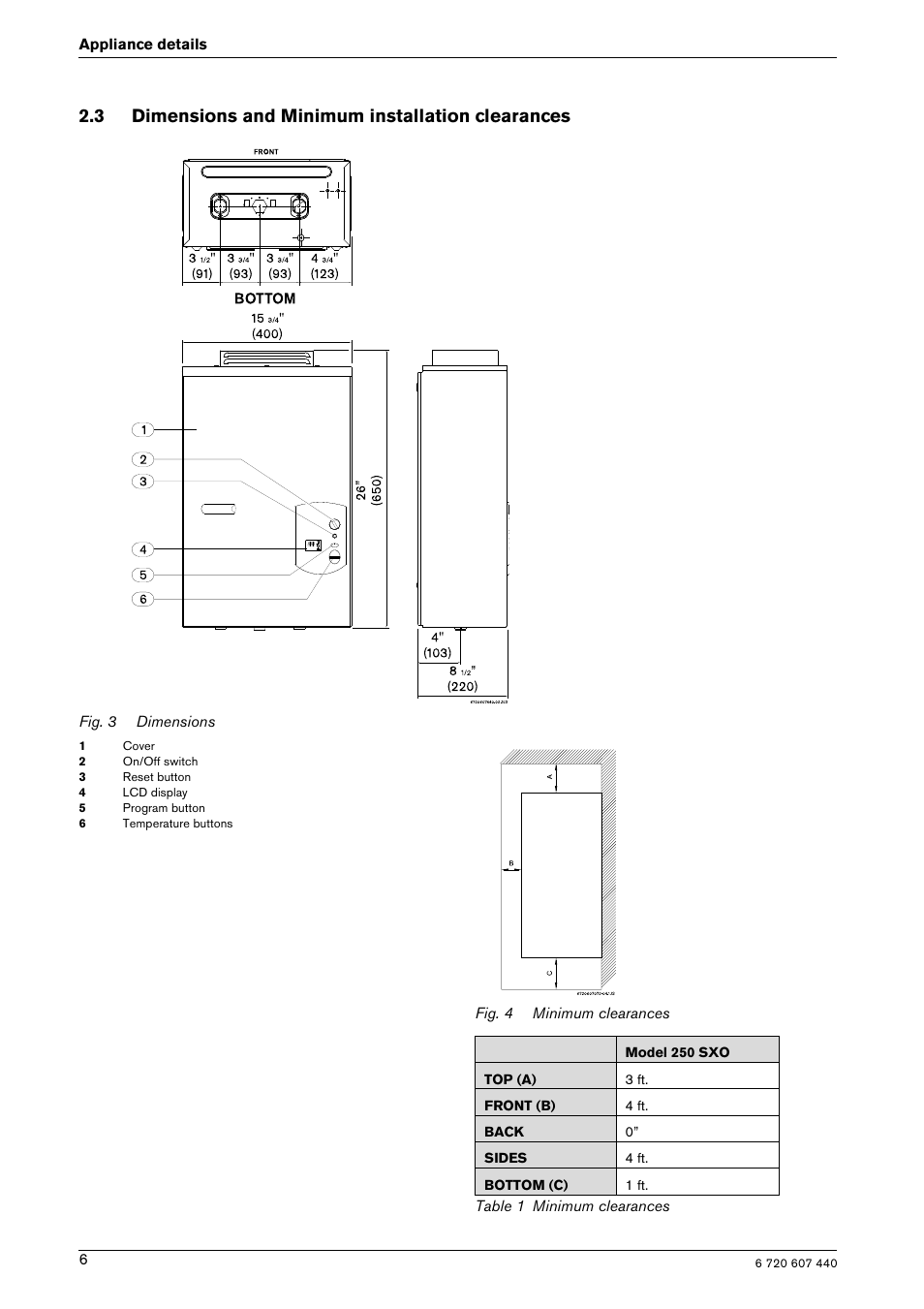 3 dimensions and minimum installation clearances | Bosch 250 SXO NG User Manual | Page 6 / 31