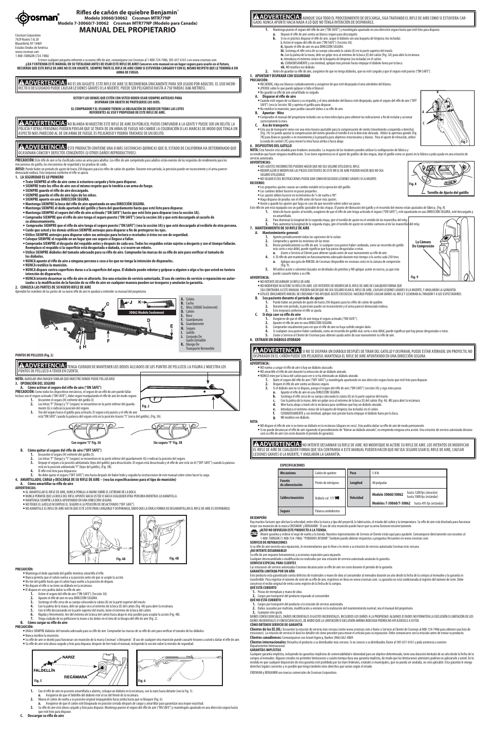 Manual del propietario, Rifles de cañón de quiebre benjamin, Breech | Crosman 30062 User Manual | Page 2 / 3