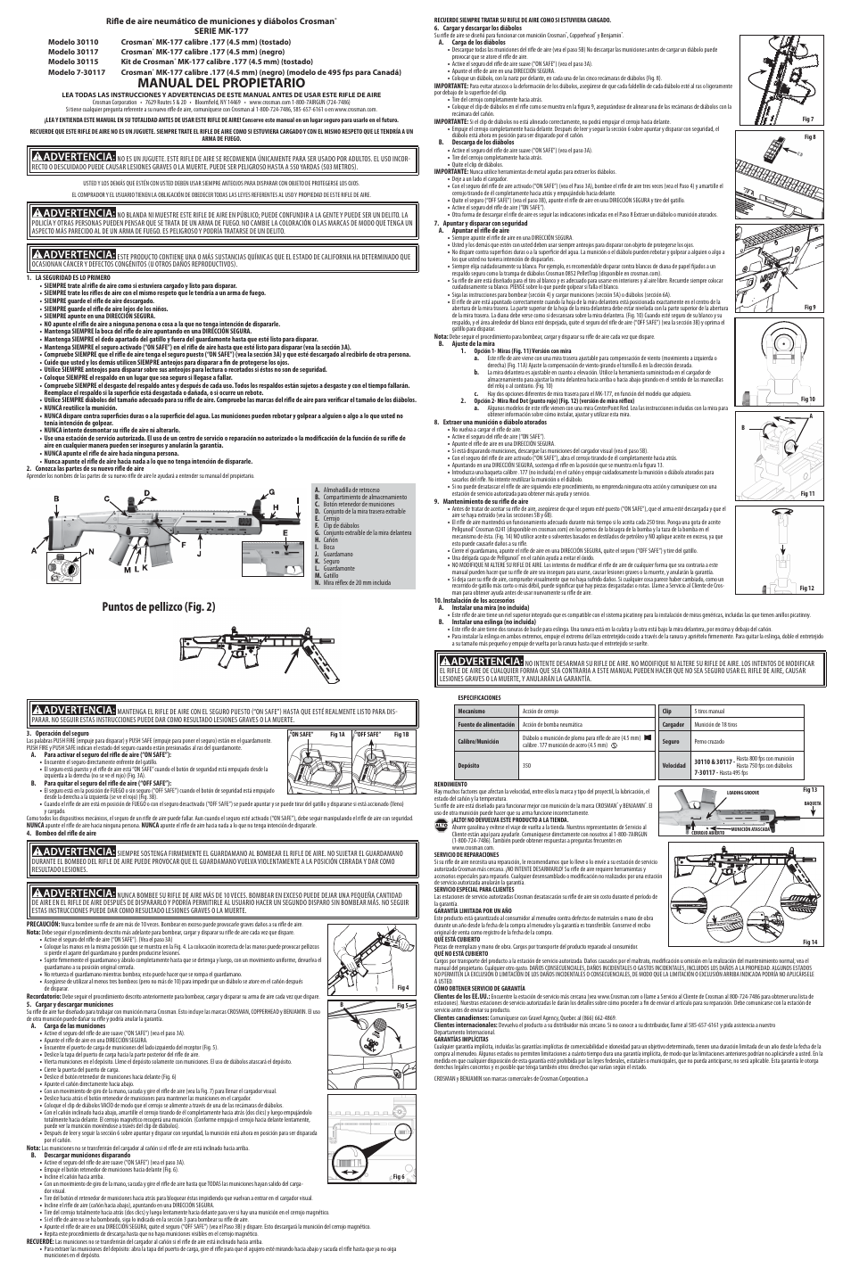 Manual del propietario, Puntos de pellizco (fig. 2) | Crosman 30117 User Manual | Page 2 / 3