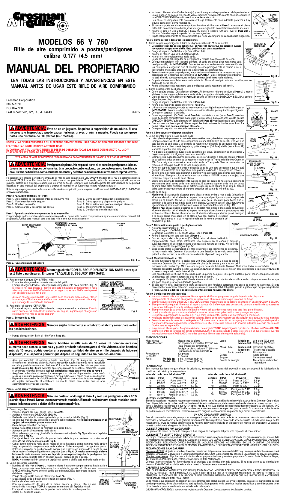 Manual del propieta r i o, Advertencia | Crosman 66 (2001-2008) User Manual | Page 2 / 2