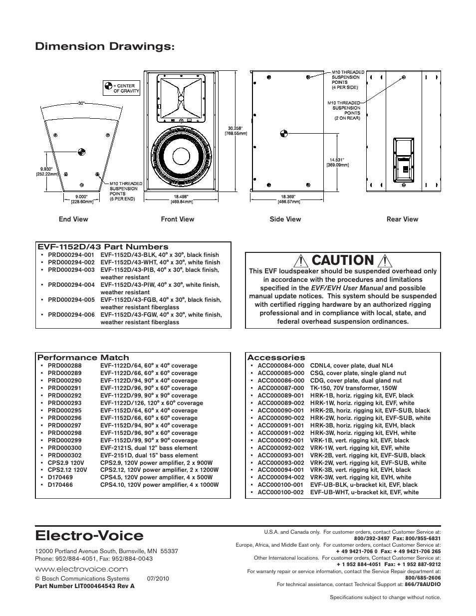 Electro-voice, Caution, Dimension drawings | Bosch EVF-1152D/43-FG User Manual | Page 4 / 4