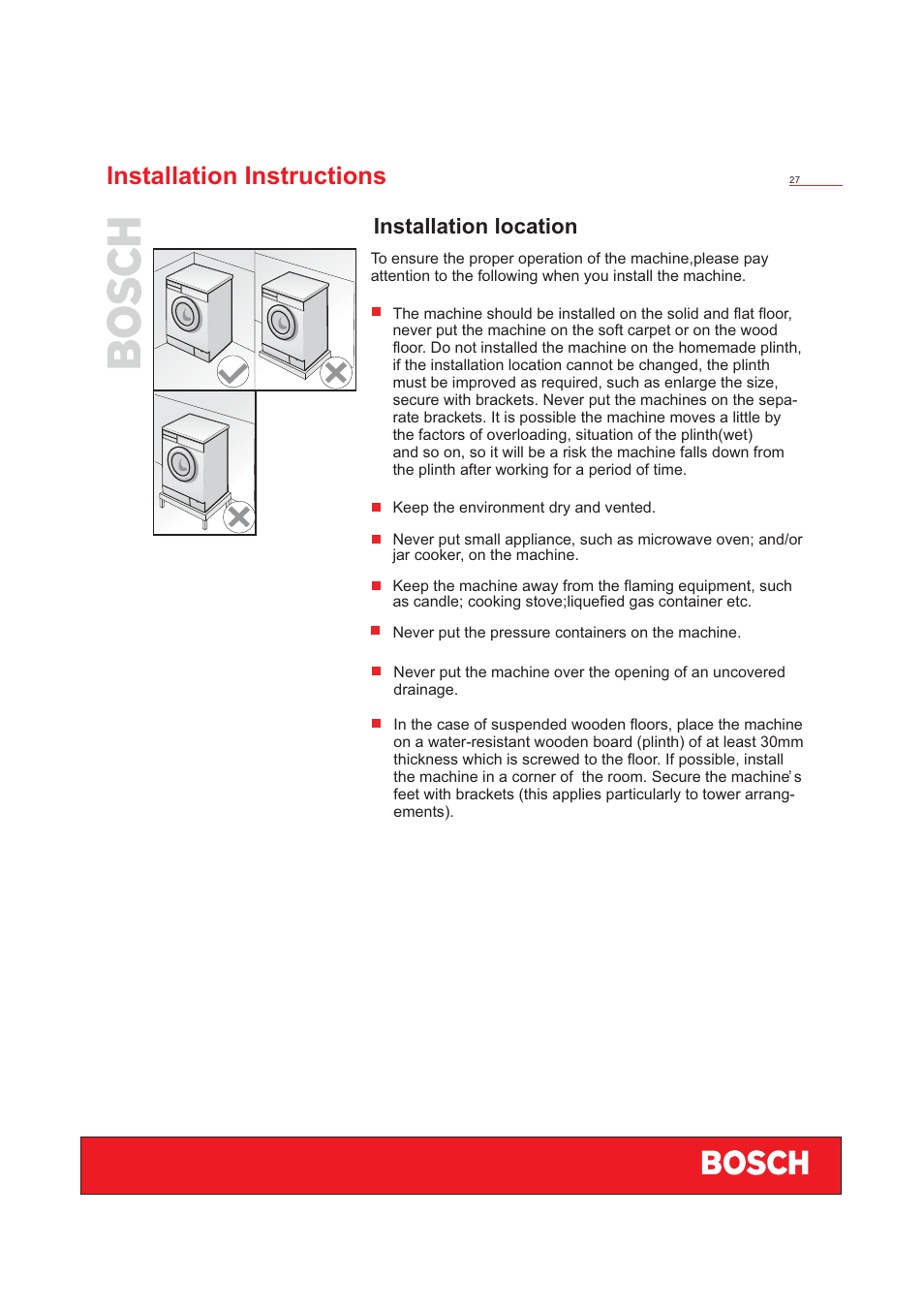 Installation instructions, Installation location | Bosch WFD50818 User Manual | Page 29 / 40