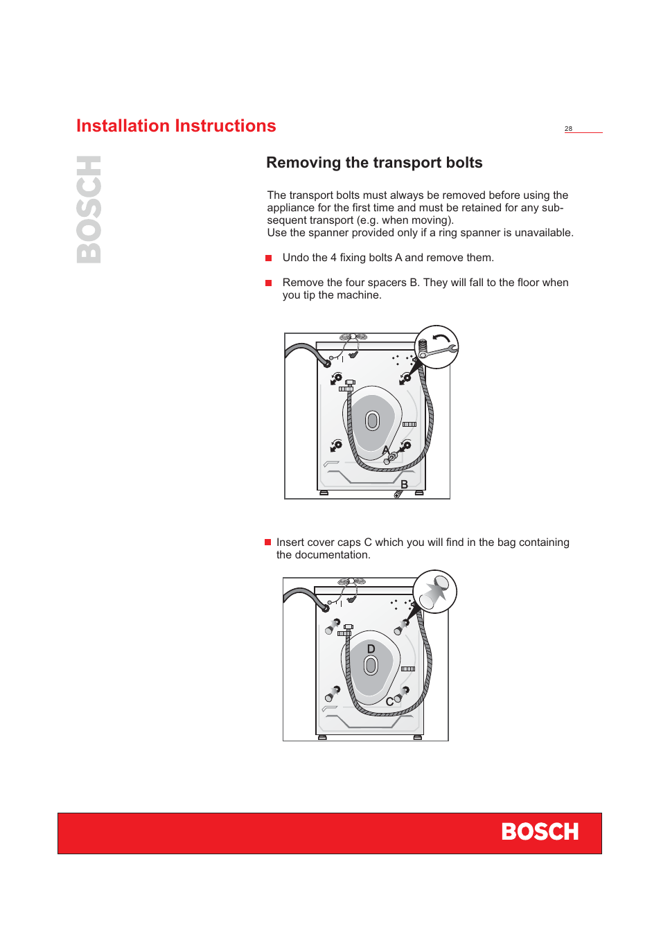 Installation instructions, Removing the transport bolts | Bosch WFD50818 User Manual | Page 30 / 40