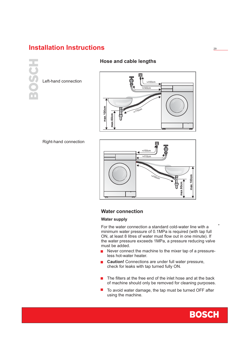 Installation instructions, Hose and cable lengths water connection, Left-hand connection right-hand connection | Bosch WFD50818 User Manual | Page 31 / 40