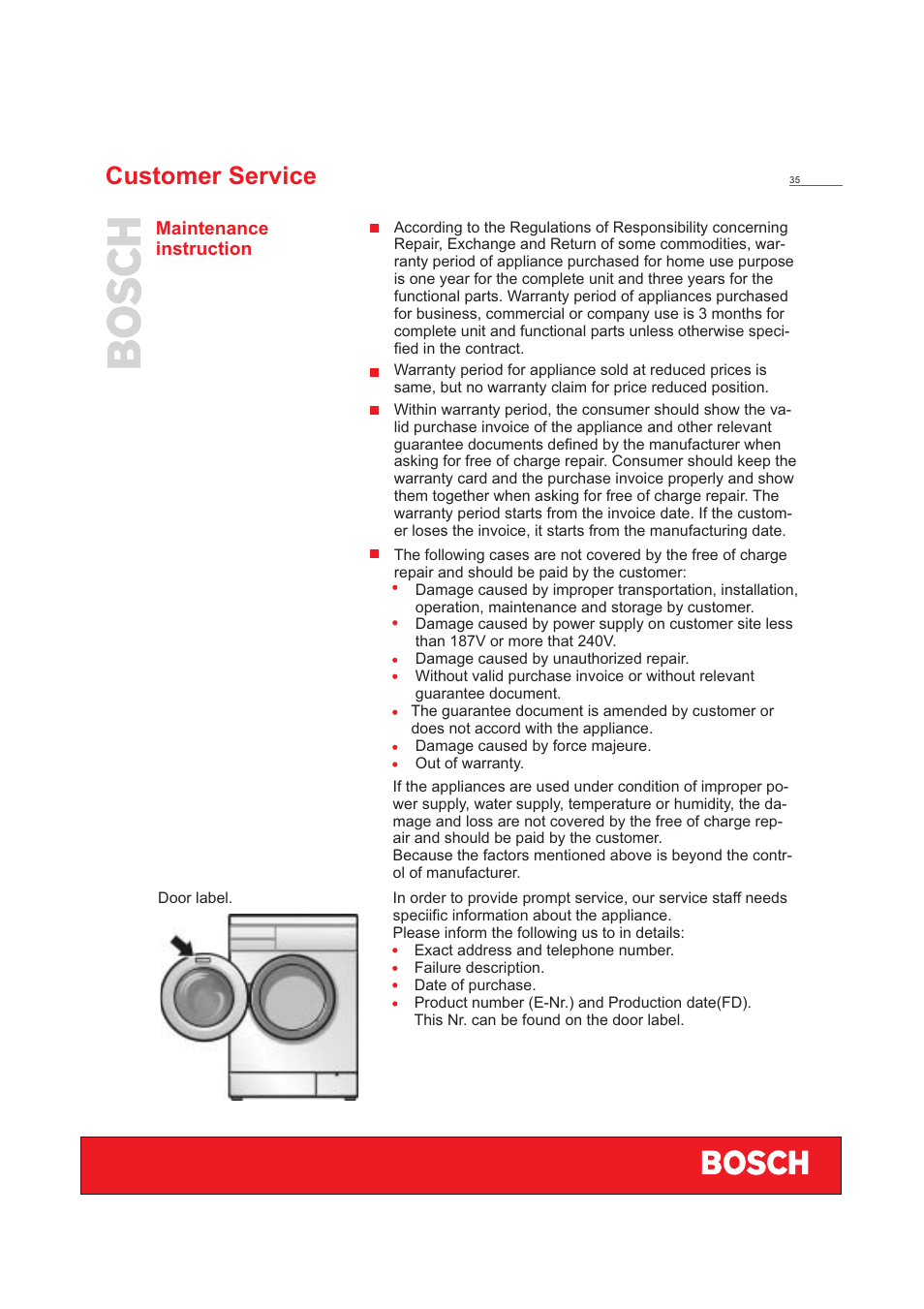 Customer service | Bosch WFD50818 User Manual | Page 37 / 40