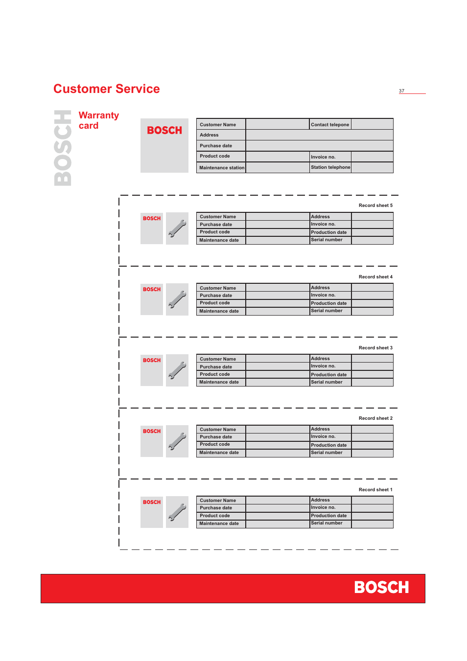 Customer service, Warranty card | Bosch WFD50818 User Manual | Page 39 / 40